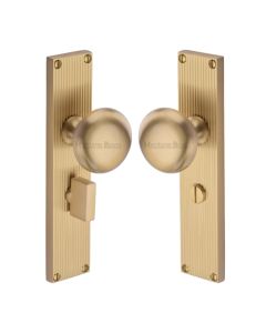 Heritage Brass Satin Brass Victoria Door Knob on Reeded Plate - Bathroom Set
