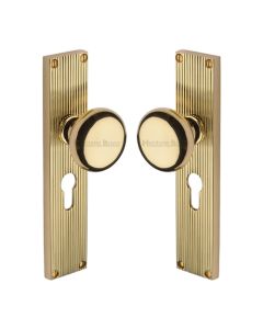 Heritage Brass Polished Brass Victoria Door Knob on Reeded Plate - Euro Profile Set