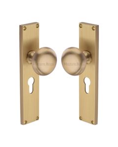 Heritage Brass Satin Brass Victoria Door Knob on Reeded Plate - Euro Profile Set