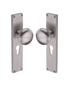 Heritage Brass Satin Nickel Victoria Door Knob on Reeded Plate - Euro Profile Set