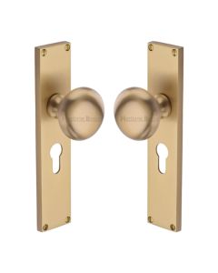 Heritage Brass Satin Brass Victoria Door Knob on Plate - Euro Lock Set