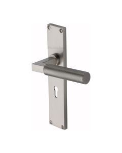 Heritage Brass Satin Nickel Bauhaus Knurled Door Handle on Plate - Lever Lock