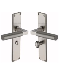 Heritage Brass Satin Nickel Bauhaus Knurled Door Handle on Plate - Bathroom Set