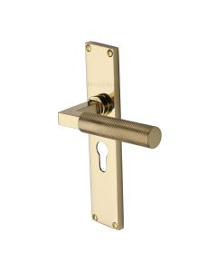 Heritage Brass Polished Brass Bauhaus Knurled Door Handle on Plate - Euro Profile