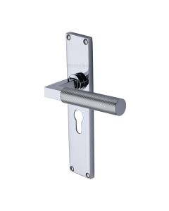Heritage Brass Polished Chrome Bauhaus Knurled Door Handle on Plate - Euro Profile