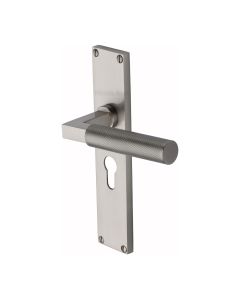 Heritage Brass Satin Nickel Bauhaus Knurled Door Handle on Plate - Euro Profile