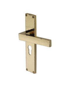Heritage Brass Polished Brass Delta Hammered Door Handle on Plate - Euro Profile