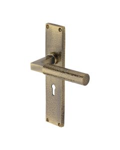 Heritage Brass Antique Brass Bauhaus Hammered Door Handle on Plate - Lever Lock