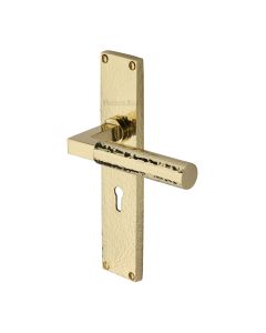 Heritage Brass Polished Brass Bauhaus Hammered Door Handle on Plate - Lever Lock