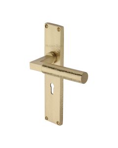 Heritage Brass Satin Brass Bauhaus Hammered Door Handle on Plate - Lever Lock