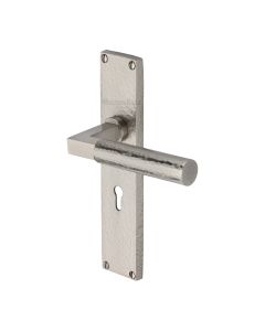 Heritage Brass Satin Nickel Bauhaus Hammered Door Handle on Plate - Lever Lock