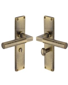 Heritage Brass Antique Brass Bauhaus Hammered Door Handle on Plate - Bathroom Set