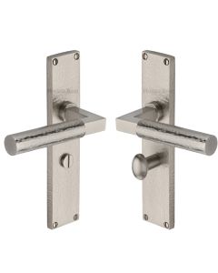 Heritage Brass Satin Nickel Bauhaus Hammered Door Handle on Plate - Bathroom Set
