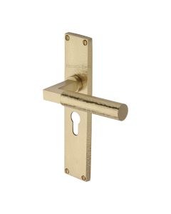 Heritage Brass Satin Brass Bauhaus Hammered Door Handle on Plate - Euro Profile