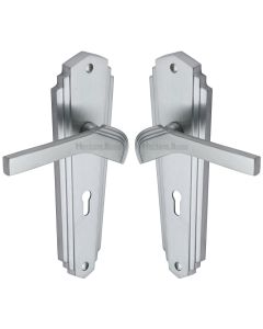 Heritage Brass Satin Chrome Waldorf Door Handle on Plate - Lever Lock