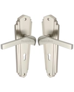Heritage Brass Satin Nickel Waldorf Door Handle on Plate - Lever Lock