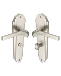 Heritage Brass Satin Nickel Waldorf Door Handle on Plate - Bathroom Set