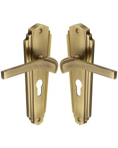 Heritage Brass Antique Brass Waldorf Door Handle on Plate - Euro Profile