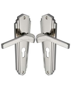 Heritage Brass Polished Nickel Finish Waldorf Door Handle on Plate - Euro Profile