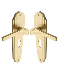 Heritage Brass Satin Brass Waldorf Door Handle on Plate - Euro Profile