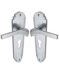 Heritage Brass Satin Chrome Waldorf Door Handle on Plate - Euro Profile