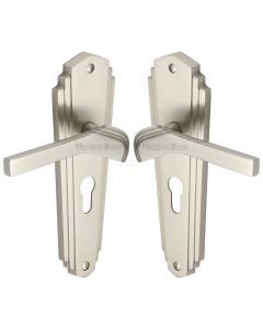 Heritage Brass Satin Nickel Waldorf Door Handle on Plate - Euro Profile