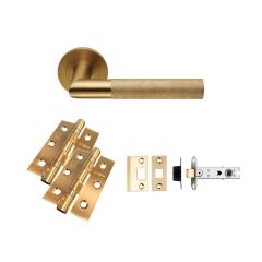 LATCH PACK - Satin Brass Crown Knurled Lever Door Handle Set